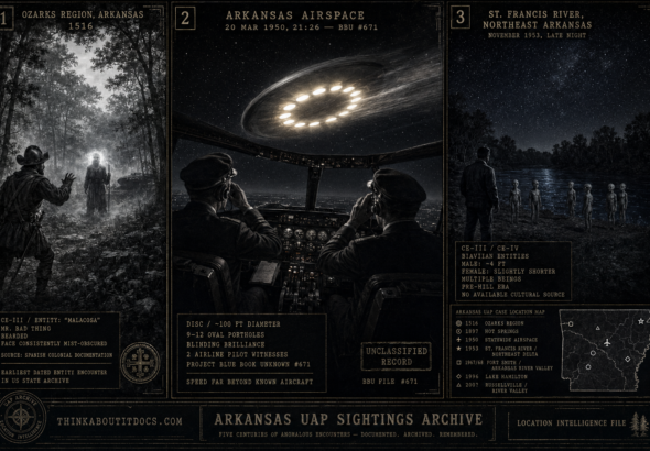 Three panel intelligence dossier collage for the Arkansas UFO UAP alien sightings archive showing left a Spanish colonial-era explorer frozen facing a bearded entity whose face is consistently obscured by mist at the Ozark forest tree line in 1516 in the oldest dated entity encounter in the US state archive, center two 1950s airline pilots averting their eyes from a 100-foot disc with a brilliant blinking array of 9 to 12 oval portholes crossing their flight path at impossible speed over Arkansas in the Project Blue Book Unknown 671 case, and right a male witness on the St. Francis River bottomland at night facing a group of multiple small Biaviian humanoid beings approximately four feet tall standing at the water's edge in northeastern Arkansas in November 1953