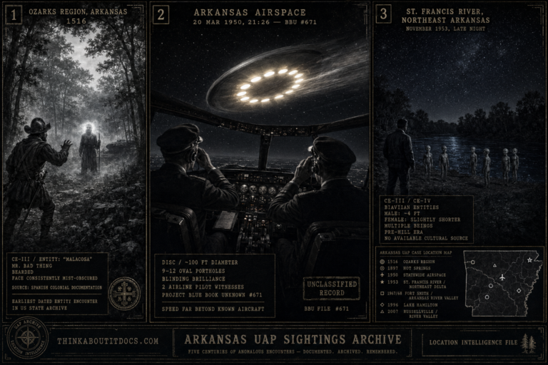 Three panel intelligence dossier collage for the Arkansas UFO UAP alien sightings archive showing left a Spanish colonial-era explorer frozen facing a bearded entity whose face is consistently obscured by mist at the Ozark forest tree line in 1516 in the oldest dated entity encounter in the US state archive, center two 1950s airline pilots averting their eyes from a 100-foot disc with a brilliant blinking array of 9 to 12 oval portholes crossing their flight path at impossible speed over Arkansas in the Project Blue Book Unknown 671 case, and right a male witness on the St. Francis River bottomland at night facing a group of multiple small Biaviian humanoid beings approximately four feet tall standing at the water's edge in northeastern Arkansas in November 1953