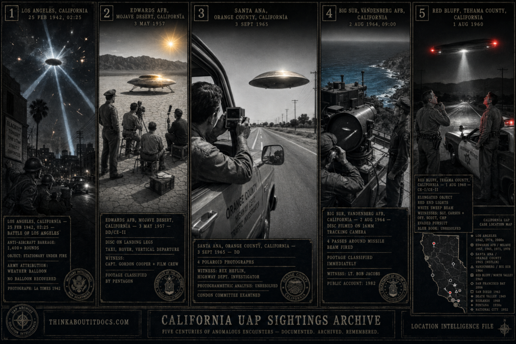 Five panel intelligence dossier collage for the California UFO UAP alien sightings archive showing left the 1942 Battle of Los Angeles with converging searchlight beams catching a large dark oval object stationary over the city as anti-aircraft rounds explode around it, upper center-left Gordon Cooper and an Edwards AFB film crew watching a metallic disc taxi on the Mojave dry lake bed before vertically departing in May 1957, center Rex Heflin extending a Polaroid camera from his Orange County truck window to photograph a low-altitude disc crossing the road in four sequential shots in September 1965, upper center-right Lieutenant Bob Jacobs and Air Force personnel at the Big Sur Vandenberg tracking station watching on a 16mm telescope display as a disc makes four passes around a missile and fires a beam before the footage is immediately classified in August 1964, and right two California Highway Patrol officers lit by alternating red and white lights from an elongated object hovering over their patrol car road on a dark Tehama County road in the 1960 Red Bluff incident