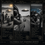 Five panel intelligence dossier collage for the California UFO UAP alien sightings archive showing left the 1942 Battle of Los Angeles with converging searchlight beams catching a large dark oval object stationary over the city as anti-aircraft rounds explode around it, upper center-left Gordon Cooper and an Edwards AFB film crew watching a metallic disc taxi on the Mojave dry lake bed before vertically departing in May 1957, center Rex Heflin extending a Polaroid camera from his Orange County truck window to photograph a low-altitude disc crossing the road in four sequential shots in September 1965, upper center-right Lieutenant Bob Jacobs and Air Force personnel at the Big Sur Vandenberg tracking station watching on a 16mm telescope display as a disc makes four passes around a missile and fires a beam before the footage is immediately classified in August 1964, and right two California Highway Patrol officers lit by alternating red and white lights from an elongated object hovering over their patrol car road on a dark Tehama County road in the 1960 Red Bluff incident