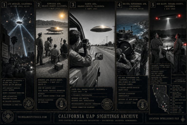 Five panel intelligence dossier collage for the California UFO UAP alien sightings archive showing left the 1942 Battle of Los Angeles with converging searchlight beams catching a large dark oval object stationary over the city as anti-aircraft rounds explode around it, upper center-left Gordon Cooper and an Edwards AFB film crew watching a metallic disc taxi on the Mojave dry lake bed before vertically departing in May 1957, center Rex Heflin extending a Polaroid camera from his Orange County truck window to photograph a low-altitude disc crossing the road in four sequential shots in September 1965, upper center-right Lieutenant Bob Jacobs and Air Force personnel at the Big Sur Vandenberg tracking station watching on a 16mm telescope display as a disc makes four passes around a missile and fires a beam before the footage is immediately classified in August 1964, and right two California Highway Patrol officers lit by alternating red and white lights from an elongated object hovering over their patrol car road on a dark Tehama County road in the 1960 Red Bluff incident