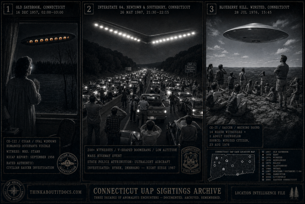 Three panel intelligence dossier collage for the Connecticut UFO UAP alien sightings archive showing left Mrs Starr at her Old Saybrook lakeside cottage window on a December 1957 night watching a cigar-shaped craft with warm amber oval windows showing humanoid silhouettes hovering over the dark frozen lake rated authentic by the Civilian Saucer Investigation, center the Interstate 84 Newtown Southbury Connecticut mass event of May 1987 with hundreds of stopped highway witnesses looking up at a vast V-shaped boomerang with brilliant cold-white underside lights spanning the full highway width, and right fourteen camp hikers and an adult counselor on the 1460-foot Blueberry Hill summit near Winsted covering their ears from the whining sound of a saucer at close low altitude overhead