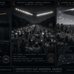 Three panel intelligence dossier collage for the Connecticut UFO UAP alien sightings archive showing left Mrs Starr at her Old Saybrook lakeside cottage window on a December 1957 night watching a cigar-shaped craft with warm amber oval windows showing humanoid silhouettes hovering over the dark frozen lake rated authentic by the Civilian Saucer Investigation, center the Interstate 84 Newtown Southbury Connecticut mass event of May 1987 with hundreds of stopped highway witnesses looking up at a vast V-shaped boomerang with brilliant cold-white underside lights spanning the full highway width, and right fourteen camp hikers and an adult counselor on the 1460-foot Blueberry Hill summit near Winsted covering their ears from the whining sound of a saucer at close low altitude overhead