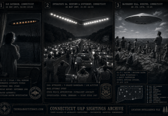 Three panel intelligence dossier collage for the Connecticut UFO UAP alien sightings archive showing left Mrs Starr at her Old Saybrook lakeside cottage window on a December 1957 night watching a cigar-shaped craft with warm amber oval windows showing humanoid silhouettes hovering over the dark frozen lake rated authentic by the Civilian Saucer Investigation, center the Interstate 84 Newtown Southbury Connecticut mass event of May 1987 with hundreds of stopped highway witnesses looking up at a vast V-shaped boomerang with brilliant cold-white underside lights spanning the full highway width, and right fourteen camp hikers and an adult counselor on the 1460-foot Blueberry Hill summit near Winsted covering their ears from the whining sound of a saucer at close low altitude overhead