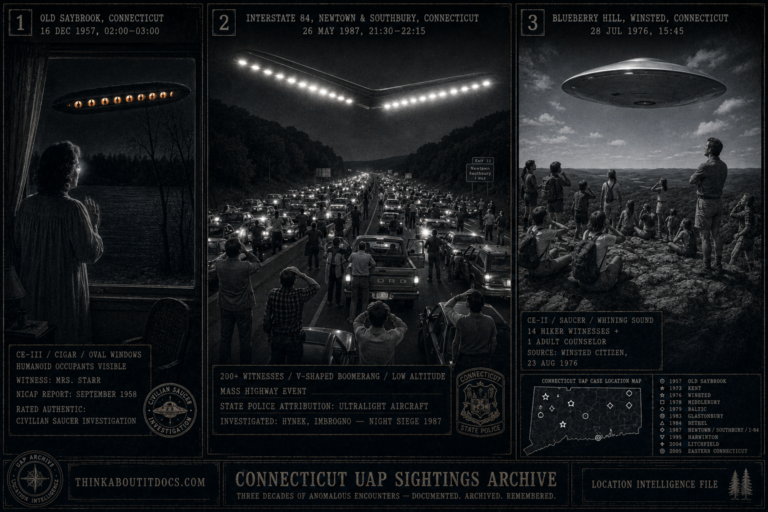 Three panel intelligence dossier collage for the Connecticut UFO UAP alien sightings archive showing left Mrs Starr at her Old Saybrook lakeside cottage window on a December 1957 night watching a cigar-shaped craft with warm amber oval windows showing humanoid silhouettes hovering over the dark frozen lake rated authentic by the Civilian Saucer Investigation, center the Interstate 84 Newtown Southbury Connecticut mass event of May 1987 with hundreds of stopped highway witnesses looking up at a vast V-shaped boomerang with brilliant cold-white underside lights spanning the full highway width, and right fourteen camp hikers and an adult counselor on the 1460-foot Blueberry Hill summit near Winsted covering their ears from the whining sound of a saucer at close low altitude overhead