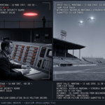 Two panel intelligence dossier collage for the Montana UFO UAP alien sightings archive showing left two Air Force officers at the Malmstrom AFB Echo Flight underground launch control console staring at ten Minuteman ICBM status boards all showing dull red NO-GO simultaneously as a security guard above reports a UFO at the perimeter fence in March 1967, and right Nicholas Mariana raising a 16mm camera at Great Falls Legion Stadium as two brilliant cold silver-white disc-like objects in formation reflect the Montana August sun while secretary Virginia Raunig watches beside him in August 1950 before the Air Force returns the film with 35 frames missing
