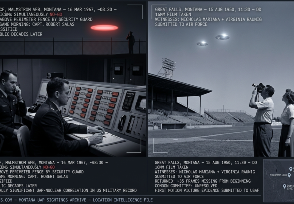 Two panel intelligence dossier collage for the Montana UFO UAP alien sightings archive showing left two Air Force officers at the Malmstrom AFB Echo Flight underground launch control console staring at ten Minuteman ICBM status boards all showing dull red NO-GO simultaneously as a security guard above reports a UFO at the perimeter fence in March 1967, and right Nicholas Mariana raising a 16mm camera at Great Falls Legion Stadium as two brilliant cold silver-white disc-like objects in formation reflect the Montana August sun while secretary Virginia Raunig watches beside him in August 1950 before the Air Force returns the film with 35 frames missing
