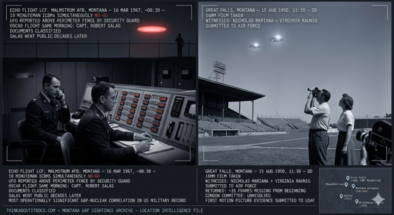 Two panel intelligence dossier collage for the Montana UFO UAP alien sightings archive showing left two Air Force officers at the Malmstrom AFB Echo Flight underground launch control console staring at ten Minuteman ICBM status boards all showing dull red NO-GO simultaneously as a security guard above reports a UFO at the perimeter fence in March 1967, and right Nicholas Mariana raising a 16mm camera at Great Falls Legion Stadium as two brilliant cold silver-white disc-like objects in formation reflect the Montana August sun while secretary Virginia Raunig watches beside him in August 1950 before the Air Force returns the film with 35 frames missing