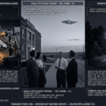 Three panel intelligence dossier collage for the Missouri UFO UAP alien sightings archive showing left Reverend William Huffman standing at a spring 1941 Cape Girardeau night crash site illuminated by amber military lanterns as three small non-human forms lie near a damaged disc-shaped craft surrounded by 1941 Army personnel, center the Sedalia Missouri civil defense director with a notepad and multiple witnesses watching a pale cold silver structured craft over the Missouri plains in 1965, and right a driver stopped on a rural Springfield area Ozark-edge road watching a large cold-white illuminated craft move silently above the tree line in 1973