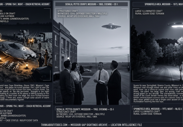 Three panel intelligence dossier collage for the Missouri UFO UAP alien sightings archive showing left Reverend William Huffman standing at a spring 1941 Cape Girardeau night crash site illuminated by amber military lanterns as three small non-human forms lie near a damaged disc-shaped craft surrounded by 1941 Army personnel, center the Sedalia Missouri civil defense director with a notepad and multiple witnesses watching a pale cold silver structured craft over the Missouri plains in 1965, and right a driver stopped on a rural Springfield area Ozark-edge road watching a large cold-white illuminated craft move silently above the tree line in 1973