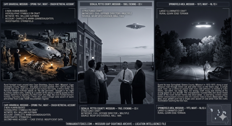 Three panel intelligence dossier collage for the Missouri UFO UAP alien sightings archive showing left Reverend William Huffman standing at a spring 1941 Cape Girardeau night crash site illuminated by amber military lanterns as three small non-human forms lie near a damaged disc-shaped craft surrounded by 1941 Army personnel, center the Sedalia Missouri civil defense director with a notepad and multiple witnesses watching a pale cold silver structured craft over the Missouri plains in 1965, and right a driver stopped on a rural Springfield area Ozark-edge road watching a large cold-white illuminated craft move silently above the tree line in 1973