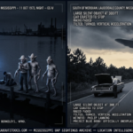 Two panel intelligence dossier collage for the Mississippi UFO UAP alien sightings archive showing left Charles Hickson and Calvin Parker on the Pascagoula River dock at night with a cold blue oval craft nearby as three pale wrinkled robotic crab-clawed beings approach them in the October 1973 CE-IV abduction, and right Philip Lanning standing in front of his stalled car on a rural Meridian Mississippi highway at dusk watching an enormous silent object tilt upward and accelerate vertically through the low overcast in the last Project Blue Book officially Unexplained case July 1967