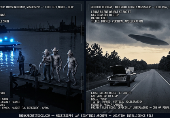 Two panel intelligence dossier collage for the Mississippi UFO UAP alien sightings archive showing left Charles Hickson and Calvin Parker on the Pascagoula River dock at night with a cold blue oval craft nearby as three pale wrinkled robotic crab-clawed beings approach them in the October 1973 CE-IV abduction, and right Philip Lanning standing in front of his stalled car on a rural Meridian Mississippi highway at dusk watching an enormous silent object tilt upward and accelerate vertically through the low overcast in the last Project Blue Book officially Unexplained case July 1967