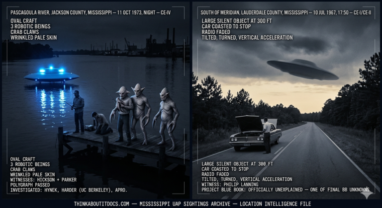 Two panel intelligence dossier collage for the Mississippi UFO UAP alien sightings archive showing left Charles Hickson and Calvin Parker on the Pascagoula River dock at night with a cold blue oval craft nearby as three pale wrinkled robotic crab-clawed beings approach them in the October 1973 CE-IV abduction, and right Philip Lanning standing in front of his stalled car on a rural Meridian Mississippi highway at dusk watching an enormous silent object tilt upward and accelerate vertically through the low overcast in the last Project Blue Book officially Unexplained case July 1967