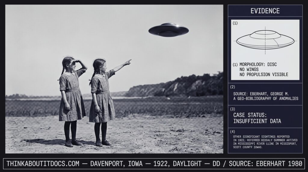 Dossier composite illustration of the 1922 Davenport Iowa daylight disc observation showing two eight-year-old twin girls in 1922 Midwestern dress standing side by side outdoors one shading her eyes and one pointing upward at a flat dark disc-shaped object against the pale daytime sky with the Mississippi River bluff line in the background and a dossier evidence panel showing the disc morphology diagram the Eberhart 1980 source attribution the insufficient data case status and the 1922 international disc context note
