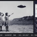Dossier composite illustration of the 1922 Davenport Iowa daylight disc observation showing two eight-year-old twin girls in 1922 Midwestern dress standing side by side outdoors one shading her eyes and one pointing upward at a flat dark disc-shaped object against the pale daytime sky with the Mississippi River bluff line in the background and a dossier evidence panel showing the disc morphology diagram the Eberhart 1980 source attribution the insufficient data case status and the 1922 international disc context note