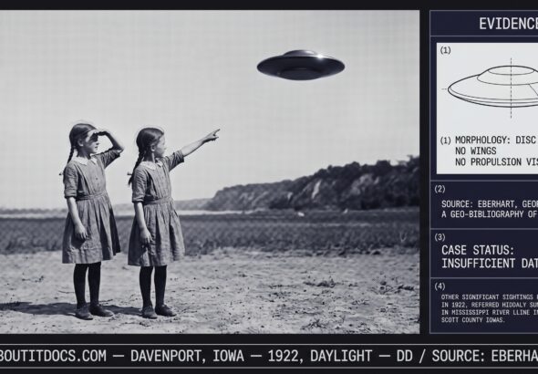 Dossier composite illustration of the 1922 Davenport Iowa daylight disc observation showing two eight-year-old twin girls in 1922 Midwestern dress standing side by side outdoors one shading her eyes and one pointing upward at a flat dark disc-shaped object against the pale daytime sky with the Mississippi River bluff line in the background and a dossier evidence panel showing the disc morphology diagram the Eberhart 1980 source attribution the insufficient data case status and the 1922 international disc context note