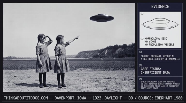 Dossier composite illustration of the 1922 Davenport Iowa daylight disc observation showing two eight-year-old twin girls in 1922 Midwestern dress standing side by side outdoors one shading her eyes and one pointing upward at a flat dark disc-shaped object against the pale daytime sky with the Mississippi River bluff line in the background and a dossier evidence panel showing the disc morphology diagram the Eberhart 1980 source attribution the insufficient data case status and the 1922 international disc context note