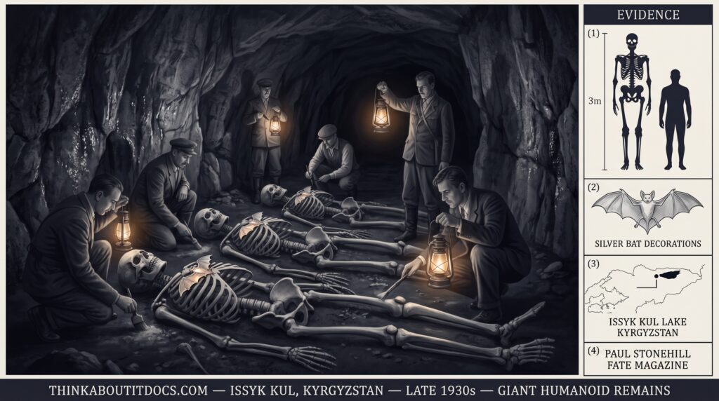Dossier composite illustration of the late 1930s Issyk Kul Kyrgyzstan cave giant skeletons discovery showing Soviet-era men with oil lanterns in a limestone cave examining three enormous humanoid skeletal remains each over three meters tall with silver bat-form decorations on their chests catching the lamplight alongside an evidence panel showing a height scale diagram a silver bat decoration sketch the Issyk Kul geographic note and the Paul Stonehill Fate Magazine source attribution