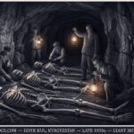 Dossier composite illustration of the late 1930s Issyk Kul Kyrgyzstan cave giant skeletons discovery showing Soviet-era men with oil lanterns in a limestone cave examining three enormous humanoid skeletal remains each over three meters tall with silver bat-form decorations on their chests catching the lamplight alongside an evidence panel showing a height scale diagram a silver bat decoration sketch the Issyk Kul geographic note and the Paul Stonehill Fate Magazine source attribution