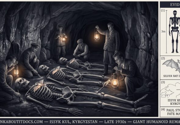 Dossier composite illustration of the late 1930s Issyk Kul Kyrgyzstan cave giant skeletons discovery showing Soviet-era men with oil lanterns in a limestone cave examining three enormous humanoid skeletal remains each over three meters tall with silver bat-form decorations on their chests catching the lamplight alongside an evidence panel showing a height scale diagram a silver bat decoration sketch the Issyk Kul geographic note and the Paul Stonehill Fate Magazine source attribution