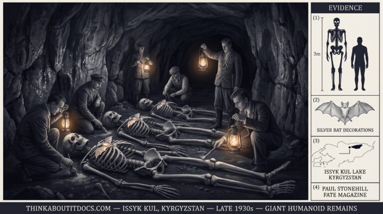 Dossier composite illustration of the late 1930s Issyk Kul Kyrgyzstan cave giant skeletons discovery showing Soviet-era men with oil lanterns in a limestone cave examining three enormous humanoid skeletal remains each over three meters tall with silver bat-form decorations on their chests catching the lamplight alongside an evidence panel showing a height scale diagram a silver bat decoration sketch the Issyk Kul geographic note and the Paul Stonehill Fate Magazine source attribution