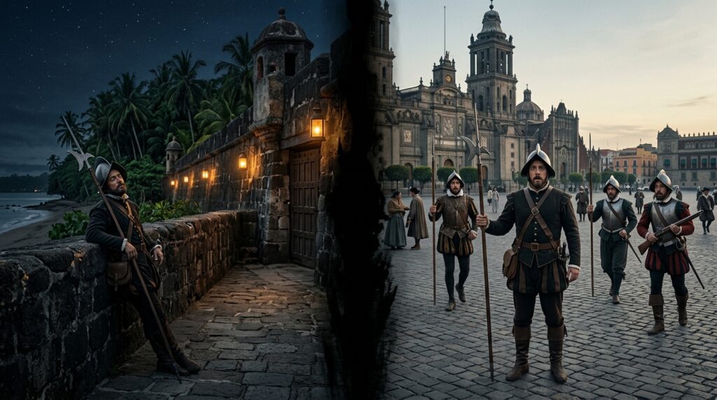 Split scene showing Spanish palace guard Gil Pérez leaning against Manila palace wall at night in 1593 on the left and the same soldier appearing in confused amazement in Mexico City's Plaza Mayor on the right — the 9,000 mile teleportation case documented by Antonio de Morga