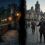 Split scene showing Spanish palace guard Gil Pérez leaning against Manila palace wall at night in 1593 on the left and the same soldier appearing in confused amazement in Mexico City's Plaza Mayor on the right — the 9,000 mile teleportation case documented by Antonio de Morga
