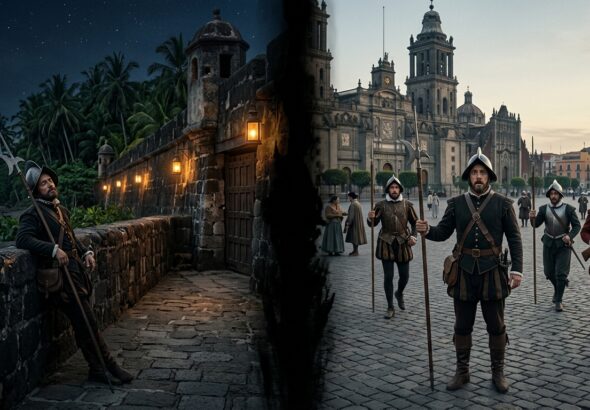 Split scene showing Spanish palace guard Gil Pérez leaning against Manila palace wall at night in 1593 on the left and the same soldier appearing in confused amazement in Mexico City's Plaza Mayor on the right — the 9,000 mile teleportation case documented by Antonio de Morga