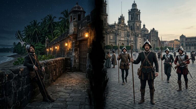 Split scene showing Spanish palace guard Gil Pérez leaning against Manila palace wall at night in 1593 on the left and the same soldier appearing in confused amazement in Mexico City's Plaza Mayor on the right — the 9,000 mile teleportation case documented by Antonio de Morga