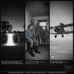 Three panel intelligence dossier collage for the Kansas UFO UAP alien sightings archive showing left sixteen-year-old Ronald Johnson in his Delphos Kansas sheep pasture watching a mushroom-shaped craft emit a brilliant cold white blinding glow from its underside before departing and leaving a glowing residue ring that caused his mother's fingers to go numb and persisted visibly for 32 days, center a witness pressed against a wall in Ulysses western Kansas facing a near-human figure in a blue-gray jumpsuit and three extremely tall smooth gray-skinned cat-eyed beings in tight gray hooded suits in a mixed-entity abduction encounter, and right a 1920s biplane pilot over flat winter Kansas watching several bright cold white circular objects orbit his aircraft near Wichita in January 1926