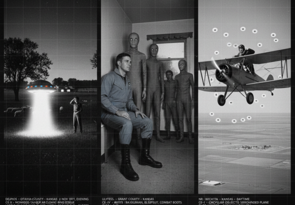 Three panel intelligence dossier collage for the Kansas UFO UAP alien sightings archive showing left sixteen-year-old Ronald Johnson in his Delphos Kansas sheep pasture watching a mushroom-shaped craft emit a brilliant cold white blinding glow from its underside before departing and leaving a glowing residue ring that caused his mother's fingers to go numb and persisted visibly for 32 days, center a witness pressed against a wall in Ulysses western Kansas facing a near-human figure in a blue-gray jumpsuit and three extremely tall smooth gray-skinned cat-eyed beings in tight gray hooded suits in a mixed-entity abduction encounter, and right a 1920s biplane pilot over flat winter Kansas watching several bright cold white circular objects orbit his aircraft near Wichita in January 1926