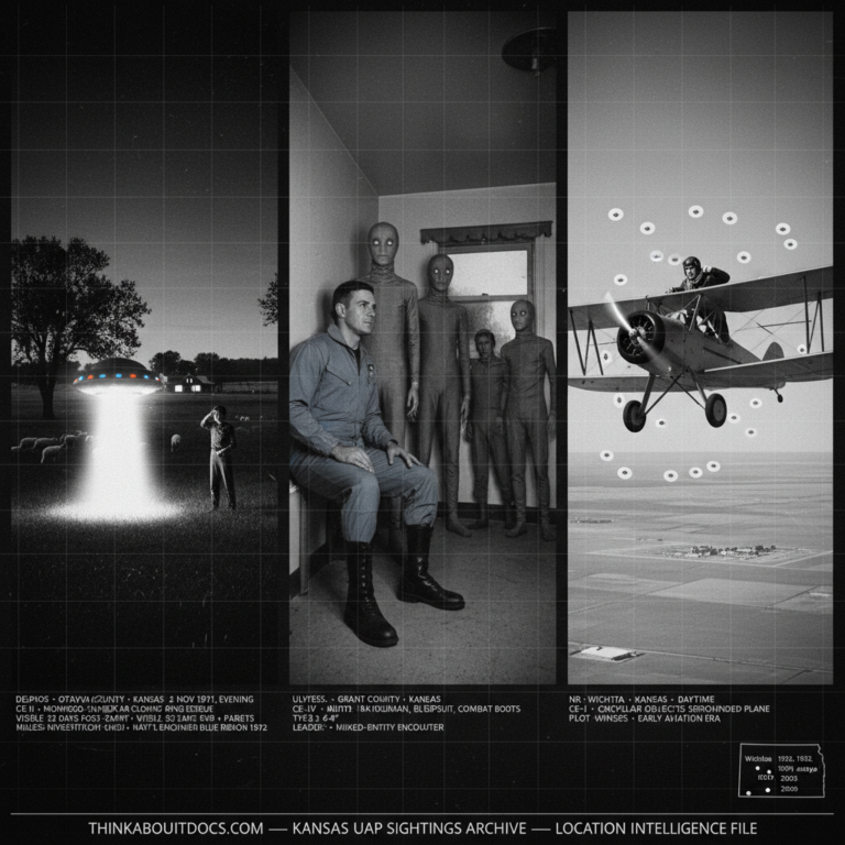 Three panel intelligence dossier collage for the Kansas UFO UAP alien sightings archive showing left sixteen-year-old Ronald Johnson in his Delphos Kansas sheep pasture watching a mushroom-shaped craft emit a brilliant cold white blinding glow from its underside before departing and leaving a glowing residue ring that caused his mother's fingers to go numb and persisted visibly for 32 days, center a witness pressed against a wall in Ulysses western Kansas facing a near-human figure in a blue-gray jumpsuit and three extremely tall smooth gray-skinned cat-eyed beings in tight gray hooded suits in a mixed-entity abduction encounter, and right a 1920s biplane pilot over flat winter Kansas watching several bright cold white circular objects orbit his aircraft near Wichita in January 1926