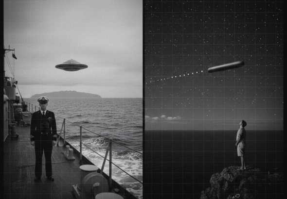 Two panel intelligence dossier collage for the Hawaii UFO UAP alien sightings archive showing left a Canadian naval officer standing at the rail of a vessel in Hawaiian waters with binoculars lowered watching a dull cold silver structured disc-shaped craft hanging above the Pacific surface between the ship and distant island silhouettes in 1952, and right a civilian on a Hawaiian coastal overlook watching a long tubular object with several small cold white lights trailing evenly behind it move slowly across the Pacific night star field in 1999