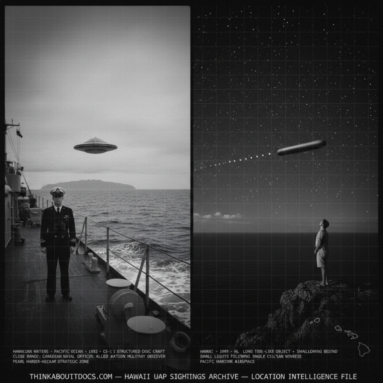Two panel intelligence dossier collage for the Hawaii UFO UAP alien sightings archive showing left a Canadian naval officer standing at the rail of a vessel in Hawaiian waters with binoculars lowered watching a dull cold silver structured disc-shaped craft hanging above the Pacific surface between the ship and distant island silhouettes in 1952, and right a civilian on a Hawaiian coastal overlook watching a long tubular object with several small cold white lights trailing evenly behind it move slowly across the Pacific night star field in 1999