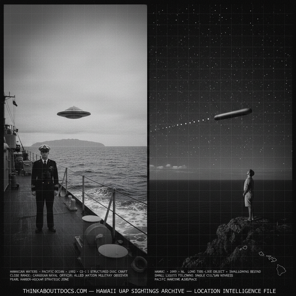 Two panel intelligence dossier collage for the Hawaii UFO UAP alien sightings archive showing left a Canadian naval officer standing at the rail of a vessel in Hawaiian waters with binoculars lowered watching a dull cold silver structured disc-shaped craft hanging above the Pacific surface between the ship and distant island silhouettes in 1952, and right a civilian on a Hawaiian coastal overlook watching a long tubular object with several small cold white lights trailing evenly behind it move slowly across the Pacific night star field in 1999