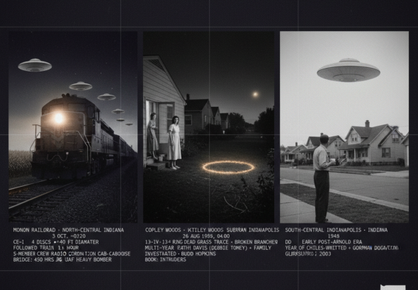 Three panel intelligence dossier collage for the Indiana UFO UAP alien sightings archive showing left the five-man Monon Railroad freight train crew watching four 40-foot discs pace their locomotive through the north-central Indiana night for over an hour as fireman Cecil Bridge reports to the caboose by radio in October 1958, center Kathie Davis in her nightgown at the back door of her suburban Indianapolis home at 4 AM watching a 13-foot ring of dead grass with broken branches glow with residual pale amber-gold warmth in the yard as the last visible light fades at the far edge in the Copley Woods extended abduction series August 1983, and right an Indianapolis resident on his front step looking up at a pale cold silver domed disc hovering over his postwar residential neighborhood in 1948 in one of the earliest post-Arnold structured craft observations in the state