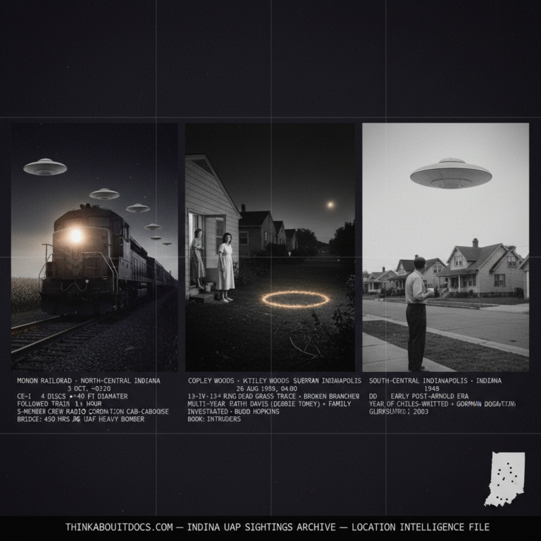 Three panel intelligence dossier collage for the Indiana UFO UAP alien sightings archive showing left the five-man Monon Railroad freight train crew watching four 40-foot discs pace their locomotive through the north-central Indiana night for over an hour as fireman Cecil Bridge reports to the caboose by radio in October 1958, center Kathie Davis in her nightgown at the back door of her suburban Indianapolis home at 4 AM watching a 13-foot ring of dead grass with broken branches glow with residual pale amber-gold warmth in the yard as the last visible light fades at the far edge in the Copley Woods extended abduction series August 1983, and right an Indianapolis resident on his front step looking up at a pale cold silver domed disc hovering over his postwar residential neighborhood in 1948 in one of the earliest post-Arnold structured craft observations in the state