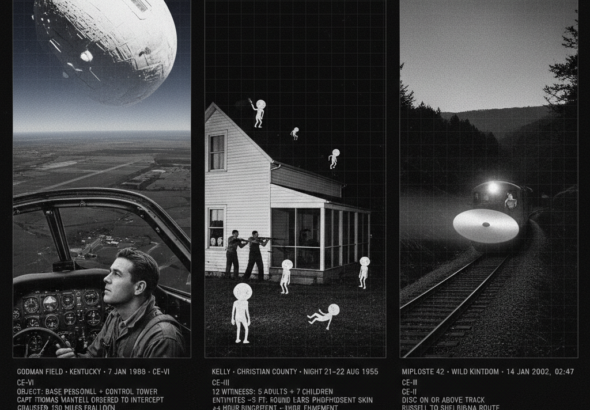 Three panel intelligence dossier collage for the Kentucky UFO UAP alien sightings archive showing left Captain Thomas Mantell in his P-51 Mustang cockpit at high altitude looking up at a large pale cold white slowly rotating object above Godman Field Kentucky moments before losing consciousness and crashing in the January 1948 incident, center the Sutton farm near Kelly Christian County Kentucky during the four-hour August 1955 entity siege with two armed men firing from the farmhouse porch at multiple small faintly phosphorescent round-headed large-eared entities visible in the yard who float sideways when shot, and right the engineer and brakeman of an eastern Kentucky freight train watching a disc-shaped object caught in their amber-white headlight beam at track level around the Wild Kingdom bend moments before the January 2002 collision