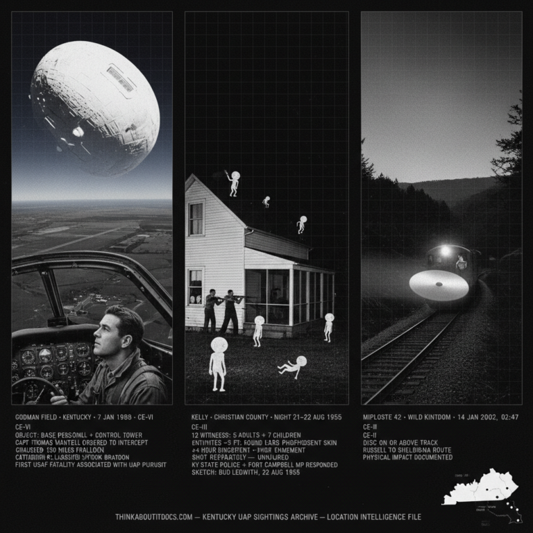 Three panel intelligence dossier collage for the Kentucky UFO UAP alien sightings archive showing left Captain Thomas Mantell in his P-51 Mustang cockpit at high altitude looking up at a large pale cold white slowly rotating object above Godman Field Kentucky moments before losing consciousness and crashing in the January 1948 incident, center the Sutton farm near Kelly Christian County Kentucky during the four-hour August 1955 entity siege with two armed men firing from the farmhouse porch at multiple small faintly phosphorescent round-headed large-eared entities visible in the yard who float sideways when shot, and right the engineer and brakeman of an eastern Kentucky freight train watching a disc-shaped object caught in their amber-white headlight beam at track level around the Wild Kingdom bend moments before the January 2002 collision