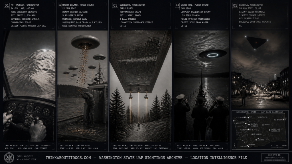 Five panel intelligence dossier collage for the Washington State UFO UAP alien sightings location archive showing left Kenneth Arnold's 1947 cockpit view of nine crescent-shaped objects skipping in formation past Mount Rainier launching the modern UFO era, upper center-left Harold Dahl's patrol boat in Puget Sound under six donut-shaped objects dropping metallic slag in the Maury Island incident three days before Arnold, center a lone figure on a Glenwood Cascade Mountain ridge path dwarfed by the underside of a mile-long rectangular silverish craft with three ball probes descending in the early 1930s, upper center-right USS TIRU submarine officers watching a metallic disc rise from Dabob Bay in the 1966 naval USO encounter, and right a silent black triangle with three white corner lights and a red center pulse moving over Seattle's city lights at 2:45 AM in 2007