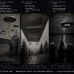 Five panel intelligence dossier collage for the Washington State UFO UAP alien sightings location archive showing left Kenneth Arnold's 1947 cockpit view of nine crescent-shaped objects skipping in formation past Mount Rainier launching the modern UFO era, upper center-left Harold Dahl's patrol boat in Puget Sound under six donut-shaped objects dropping metallic slag in the Maury Island incident three days before Arnold, center a lone figure on a Glenwood Cascade Mountain ridge path dwarfed by the underside of a mile-long rectangular silverish craft with three ball probes descending in the early 1930s, upper center-right USS TIRU submarine officers watching a metallic disc rise from Dabob Bay in the 1966 naval USO encounter, and right a silent black triangle with three white corner lights and a red center pulse moving over Seattle's city lights at 2:45 AM in 2007