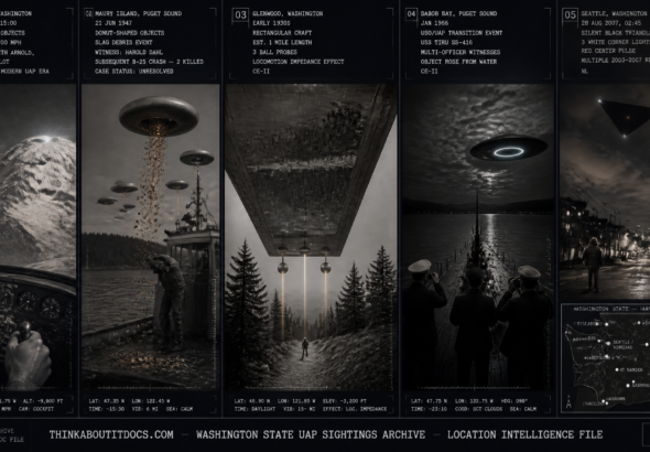 Five panel intelligence dossier collage for the Washington State UFO UAP alien sightings location archive showing left Kenneth Arnold's 1947 cockpit view of nine crescent-shaped objects skipping in formation past Mount Rainier launching the modern UFO era, upper center-left Harold Dahl's patrol boat in Puget Sound under six donut-shaped objects dropping metallic slag in the Maury Island incident three days before Arnold, center a lone figure on a Glenwood Cascade Mountain ridge path dwarfed by the underside of a mile-long rectangular silverish craft with three ball probes descending in the early 1930s, upper center-right USS TIRU submarine officers watching a metallic disc rise from Dabob Bay in the 1966 naval USO encounter, and right a silent black triangle with three white corner lights and a red center pulse moving over Seattle's city lights at 2:45 AM in 2007