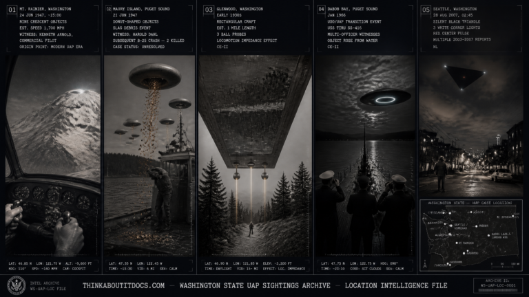 Five panel intelligence dossier collage for the Washington State UFO UAP alien sightings location archive showing left Kenneth Arnold's 1947 cockpit view of nine crescent-shaped objects skipping in formation past Mount Rainier launching the modern UFO era, upper center-left Harold Dahl's patrol boat in Puget Sound under six donut-shaped objects dropping metallic slag in the Maury Island incident three days before Arnold, center a lone figure on a Glenwood Cascade Mountain ridge path dwarfed by the underside of a mile-long rectangular silverish craft with three ball probes descending in the early 1930s, upper center-right USS TIRU submarine officers watching a metallic disc rise from Dabob Bay in the 1966 naval USO encounter, and right a silent black triangle with three white corner lights and a red center pulse moving over Seattle's city lights at 2:45 AM in 2007