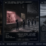 Three panel intelligence dossier collage for the Massachusetts UFO UAP alien sightings archive showing left colonial Massachusetts settlers on Boston Harbor dock in 1638 or 1639 watching a cold pale luminous object move erratically above the harbor water as John Winthrop Jr. writes in his journal beside them, center Betty Andreasson at her kitchen window in South Ashburnham watching five pear-headed wrap-around-eyed beings in blue uniforms hop toward her house in the pinkish-red beam light as her family is immobilized behind the kitchen door in January 1967, and right two hunters in a small motorboat off Beverly Farms Essex County watching two cold pale grey-silver cigar-shaped objects hover in horizontal parallel position above the coastal tree line in 1966