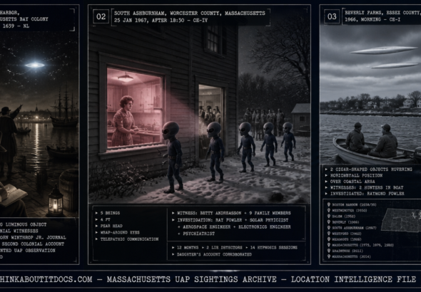 Three panel intelligence dossier collage for the Massachusetts UFO UAP alien sightings archive showing left colonial Massachusetts settlers on Boston Harbor dock in 1638 or 1639 watching a cold pale luminous object move erratically above the harbor water as John Winthrop Jr. writes in his journal beside them, center Betty Andreasson at her kitchen window in South Ashburnham watching five pear-headed wrap-around-eyed beings in blue uniforms hop toward her house in the pinkish-red beam light as her family is immobilized behind the kitchen door in January 1967, and right two hunters in a small motorboat off Beverly Farms Essex County watching two cold pale grey-silver cigar-shaped objects hover in horizontal parallel position above the coastal tree line in 1966