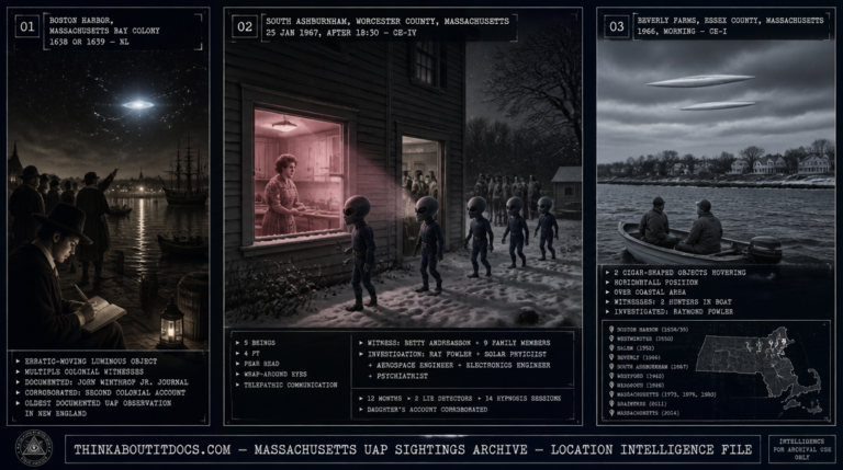Three panel intelligence dossier collage for the Massachusetts UFO UAP alien sightings archive showing left colonial Massachusetts settlers on Boston Harbor dock in 1638 or 1639 watching a cold pale luminous object move erratically above the harbor water as John Winthrop Jr. writes in his journal beside them, center Betty Andreasson at her kitchen window in South Ashburnham watching five pear-headed wrap-around-eyed beings in blue uniforms hop toward her house in the pinkish-red beam light as her family is immobilized behind the kitchen door in January 1967, and right two hunters in a small motorboat off Beverly Farms Essex County watching two cold pale grey-silver cigar-shaped objects hover in horizontal parallel position above the coastal tree line in 1966