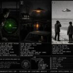 Three panel intelligence dossier collage for the Michigan UFO UAP alien sightings archive showing left a Kinross AFB radar operator frozen at his green-phosphor scope as two radar blips representing his F-89 and an unknown target over Lake Superior have merged into one in November 1953, center Frank Mannor's farmland near Dexter Michigan at night with a domed oval craft reflecting amber-orange on the swamp water as crowds of witnesses watch and J. Allen Hynek sits in a parked car preparing the swamp gas attribution in March 1966, and right teenage brothers Dan and Grant Jaroslaw raising a camera toward a close-range pale silver domed object over Lake St. Clair on a winter day in January 1967