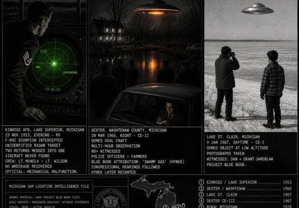 Three panel intelligence dossier collage for the Michigan UFO UAP alien sightings archive showing left a Kinross AFB radar operator frozen at his green-phosphor scope as two radar blips representing his F-89 and an unknown target over Lake Superior have merged into one in November 1953, center Frank Mannor's farmland near Dexter Michigan at night with a domed oval craft reflecting amber-orange on the swamp water as crowds of witnesses watch and J. Allen Hynek sits in a parked car preparing the swamp gas attribution in March 1966, and right teenage brothers Dan and Grant Jaroslaw raising a camera toward a close-range pale silver domed object over Lake St. Clair on a winter day in January 1967