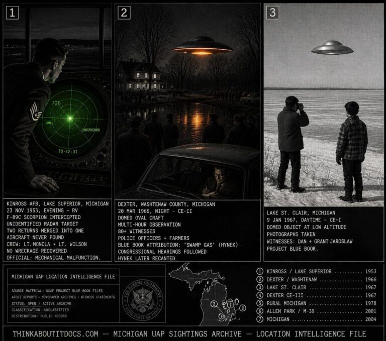 Three panel intelligence dossier collage for the Michigan UFO UAP alien sightings archive showing left a Kinross AFB radar operator frozen at his green-phosphor scope as two radar blips representing his F-89 and an unknown target over Lake Superior have merged into one in November 1953, center Frank Mannor's farmland near Dexter Michigan at night with a domed oval craft reflecting amber-orange on the swamp water as crowds of witnesses watch and J. Allen Hynek sits in a parked car preparing the swamp gas attribution in March 1966, and right teenage brothers Dan and Grant Jaroslaw raising a camera toward a close-range pale silver domed object over Lake St. Clair on a winter day in January 1967